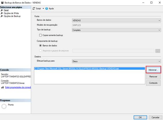 como fazer um backup do SQL Server